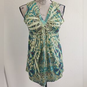 Apt 9 Embellished V-neckline ruched Boho Floral Aztec art to wear blouse_Medium